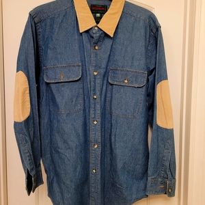Denim Jean Shirt With Corduroy Collar & Elbow Patches